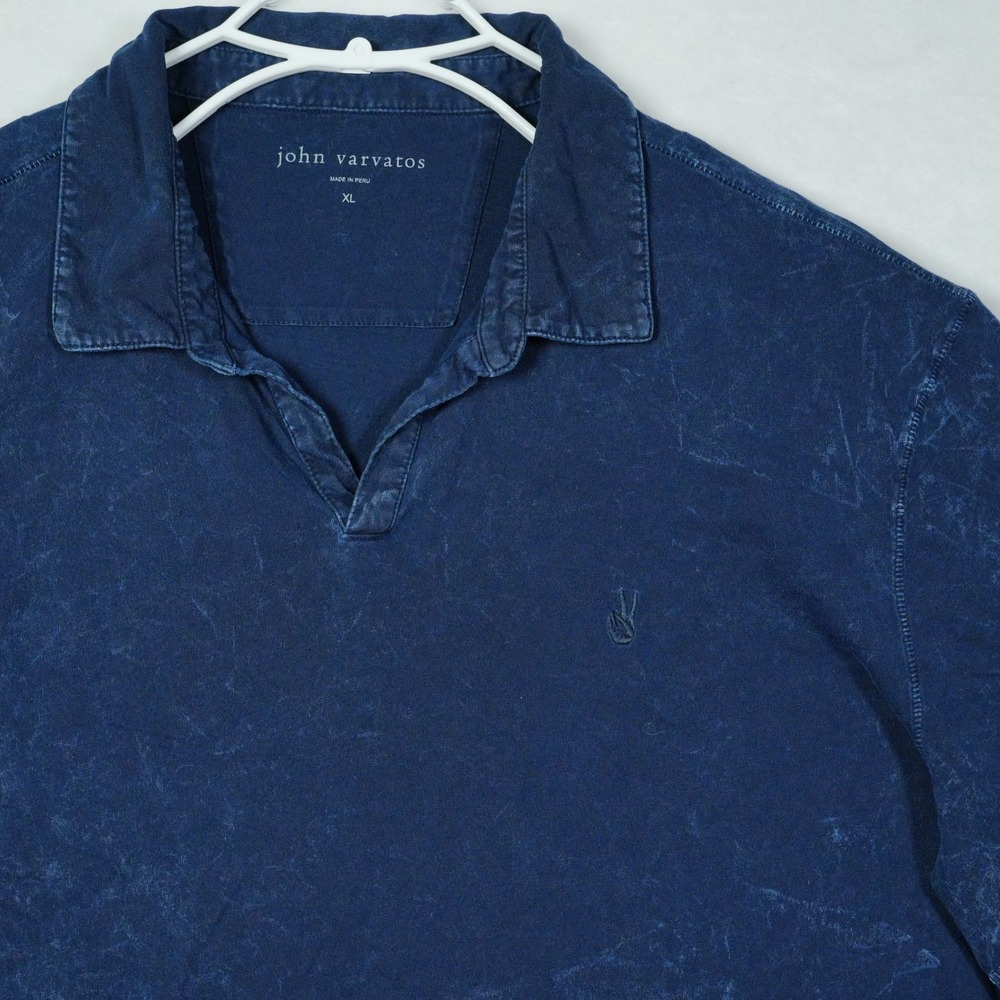 John Varvatos Blue Acid Wash Peace Sign Logo Johny Collar Polo Shirt Mens XL